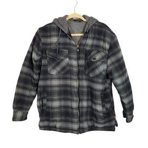 NBN Gear Men's Flannel Coat Sz Med Drawstring Hood Black Gray Plaid Linen Blend